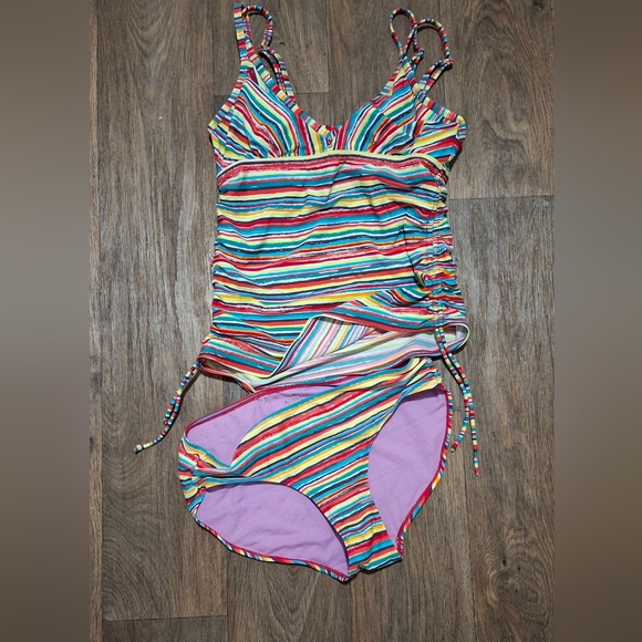 2pc Athleta Montego Stripe Ruched Tankini Swimsuit. - Picture 4 of 15